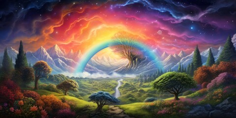 Fototapeta na wymiar Cosmic Rainbow Embracing an Idyllic Field, Generative AI