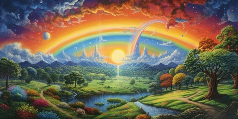 Obraz na płótnie Canvas Cosmic Rainbow Embracing an Idyllic Field, Generative AI