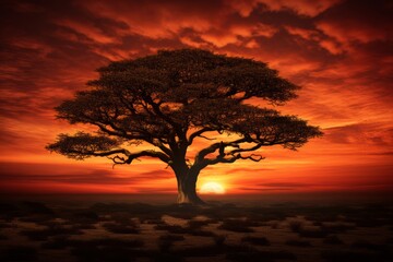 Tree at sunrise in African landscape, yellow, red, orange colors. Generative AI.