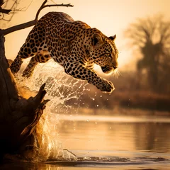 Foto auf Acrylglas Leopard leopard swimming, leopard diving in water generative AI