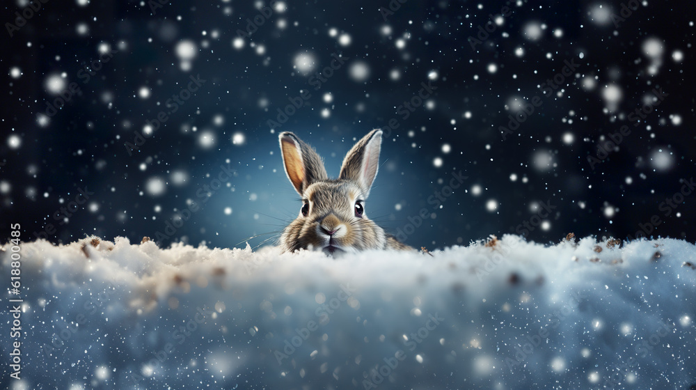Poster a rabbit sitting in the snow looking at the camera. generative ai.