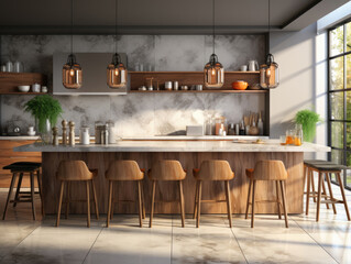 Contemporary kitchen interior panoramic view, Mockups Design 3D, High-quality Mockups, Generative Ai