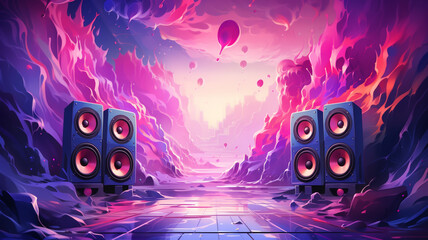 Sound Multimedia Soundsystem Hifi Audio Soundbox Lautsprecher Membran abstrakt rosa pink Style im Querformat. Generative Ai. 