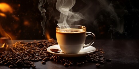 Fototapeta premium Glass cup of delicious coffee on wooden table with roasted coffee beans, cozy warm mood, black and brown tones. Generative AI.