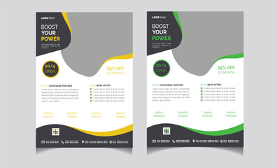 Fitness Flyer and Exercise Poster design Layout with Purple and Yellow Accents yoga studio counter informing about