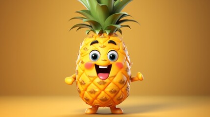 Playful Pineapple Cartoon Character with a Joyful Smile, Cute Fruit Sticker Icon, Isolated on a Yellow Background. Fresh and Wholesome Symbol of Organic Vegan Diet. Generative AI.