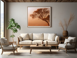Mock Up poster Frame In Living Room Interior background, Mockups Design 3D, High-quality Mockups, Generative Ai