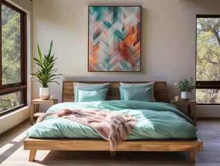 Mock-up poster frame in Scandinavian bedroom, Mockups Design 3D, High-quality Mockups, Generative Ai