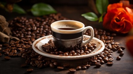 Obraz premium Hot black coffee mug on wooden table with roasted coffee beans, cozy warm mood, black and brown tones. Generative AI.