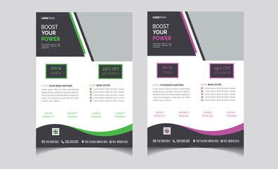 Fitness Flyer and Exercise Poster design Layout with Purple and Yellow Accents yoga studio counter informing about