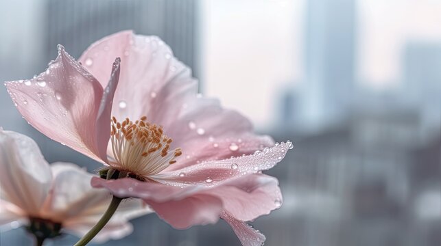 Close-up image of a pale pink flower on the background is super blurred city buildings. Close shot, sunny day, the weather is clear.
