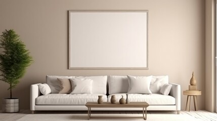 A modern living room in a neutral white decor with an empty poster on the wall. Generative AI.