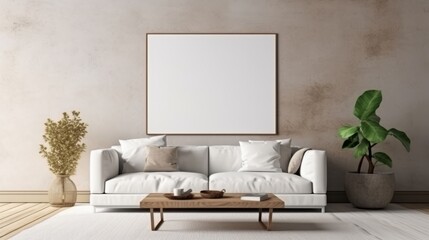 Fototapeta na wymiar A modern living room in a neutral white decor with an empty poster on the wall. Generative AI.