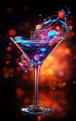 Cocktail in glass with splashes with a dark background. Generative AI.