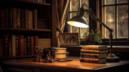 vintage lamp stands on the desk next to the bookcase,AI generated