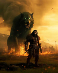 Loki with Fenrir (north god with a mighty wolf) - obrazy, fototapety, plakaty