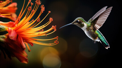 hummingbird drinking nectar from a flower , macro , AI generated - obrazy, fototapety, plakaty