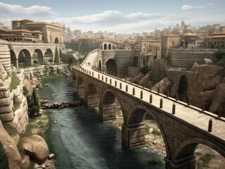 Illustration of Ancient Rome with paved roads, river and Ancient buildings and bridges.