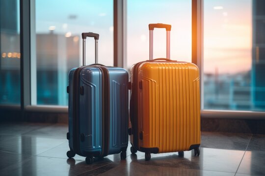 Travel Fashion. Closeup Shot Of Two Plastic Suitcases Standing At Empty Corridor, Stylish Luggage Bags Waiting At Hall, Banner For Air Travelling And Vacation Booking Concept. Generative AI.