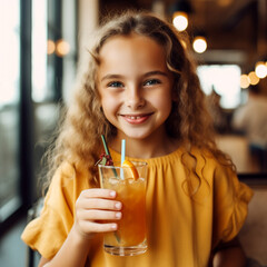 Little girl holding a drink. Drink in a glass