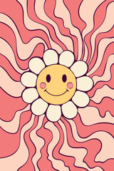 Abstract wavy background with smiling flower. Groovy hippie 70s posters. Funny cartoon flower. Trendy swirl vector illustration in retro style 60s, 70s.