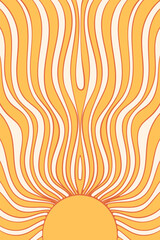 Vertical retro groovy background with sunburst in style 60s, 70s. Trendy colorful graphic print with sun. Vintage hippie illustration. Good vibes