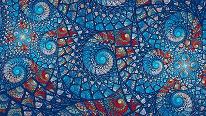 Abstract spiral fractal art background in blue and red, like stained glass or looking through a kaleidoscope.