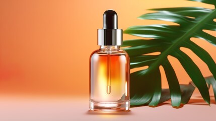 Naklejka premium Cosmetic dropper glass on beige background with leaves, Generative AI