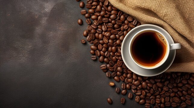 Fresh roasted coffee beans background with cup of coffee, Generative AI