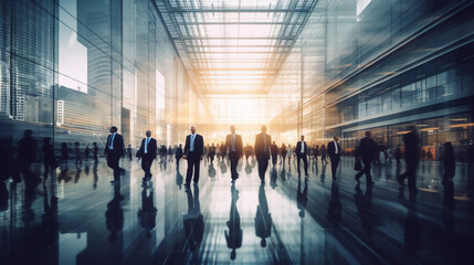 Modern office interior with busy business people walking around. Crowd of business people walking in office fast moving with blurry business decks glass fronts. Generative AI