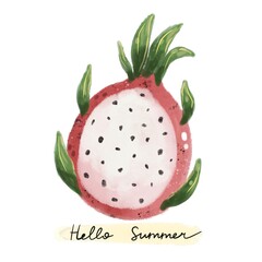 hello summer. Cartoon pitaya, hand drawing lettering, decor elements. Summer colorful illustration, flat style. design for cards, print, posters, logo, cover	