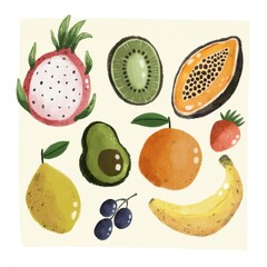 Set of Cartoon fruits. Summer colorful illustration, flat style. design for cards, print, posters, logo, cover