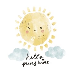 Hello sunshine . Cartoon sun, hand drawing lettering, decor elements. colorful illustration for...