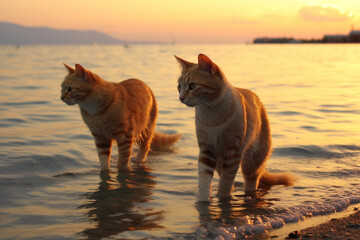 two cute cats on the beach