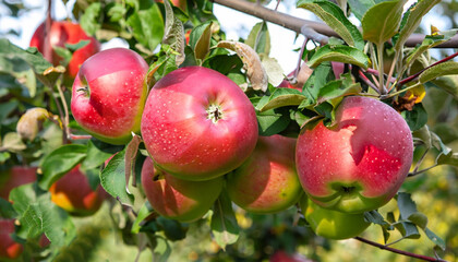 Many colorful red ripe juicy apples on a branch in the garden ready for harvest in autumn. Apple orchard