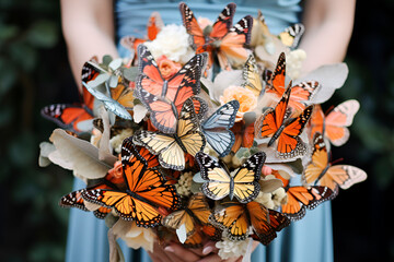 Generative AI. wedding trend. woman holds bouquet of butterflies in orange colors on blue dress background.