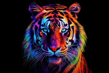 Colorful tiger paint on a black background. Created with generative AI.