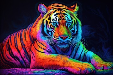 Naklejka na ściany i meble Colorful tiger paint on a black background. Created with generative AI.