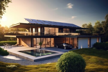 Obraz premium A vibrant artwork showcasing a solar-powered home with sleek solar panels on its roof, radiating a warm and inviting atmosphere