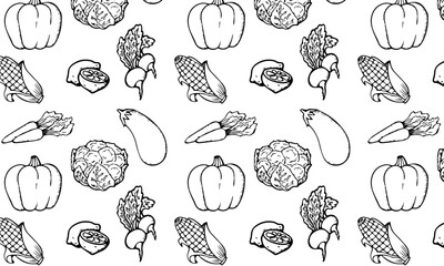 Food background, vegetables seamless pattern. Healthy eating - tomato, garlic, carrot, pepper, broccoli, cucumber line icons. Vegetarian, farm grocery store vector illustration
