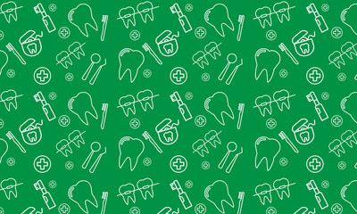 Dentist, orthodontics green seamless pattern with line icons. Dental care, medical equipment, braces, tooth prosthesis, floss, caries treatment, toothpaste.