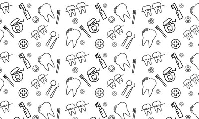 Dentist, orthodontics seamless pattern with line icons. Dental care, medical equipment, braces, tooth prosthesis, floss, caries treatment, toothpaste.