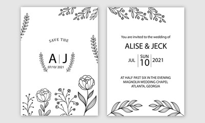 Minimalist wedding invitation card template design floral black line art ink drawing with square