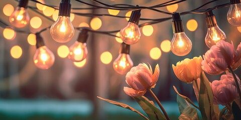 Obraz na płótnie Canvas illustration of beautiful string light decoration in flower garden, Generative Ai