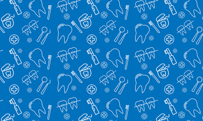 Dentist, orthodontics blue seamless pattern with line icons. Dental care, medical equipment, braces, tooth prosthesis, floss, caries treatment, toothpaste.