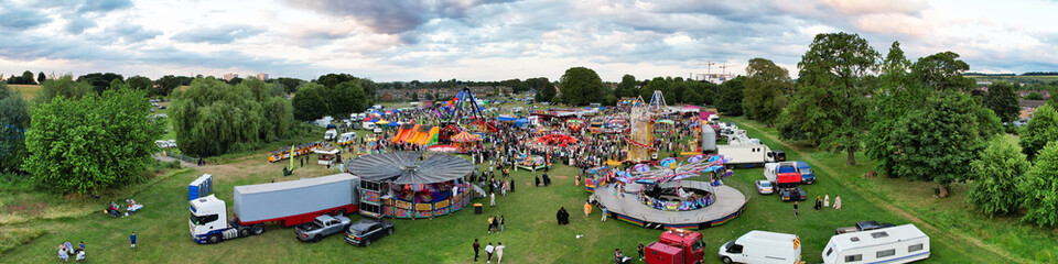 High Angle Footage of Public Funfair Held at Lewsey Public Park of Luton with Free Access for...