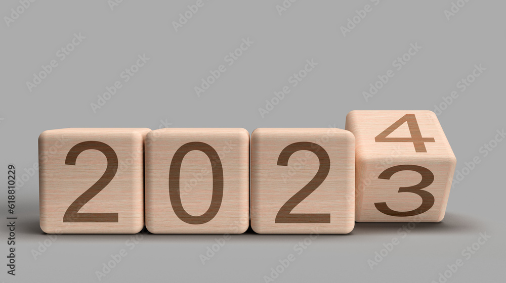 Canvas Prints Wooden oak cube box square 2023 2024 time change calendar event business strategy future vision human resource organization countdown performance target financial tax economy marketing end start begin