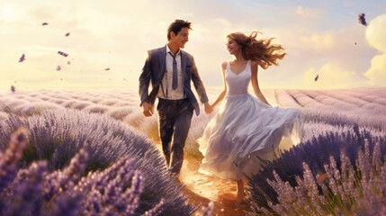 a playful photo of a couple in love running through a lavender field - people photography