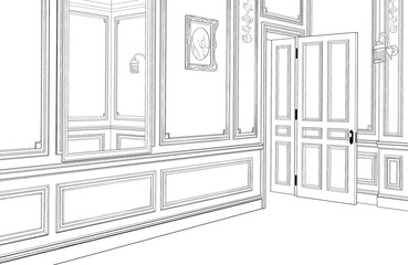 漫画風ペン画イラスト　西洋風_室内