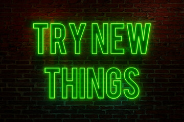 Fototapeta premium Try new things. Brick wall at night, illuminated neon text 
